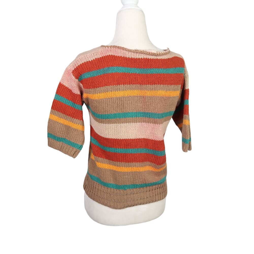 Vintage 90s tan and rust multicolor stripe knit short sleeve sweater S - Picture 4 of 6